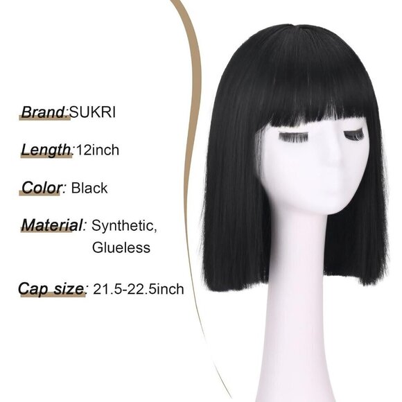 ? Women Black Shoulder Bob Wigs Straight Bangs Fiber Synthetic Hair Natural main image 5
